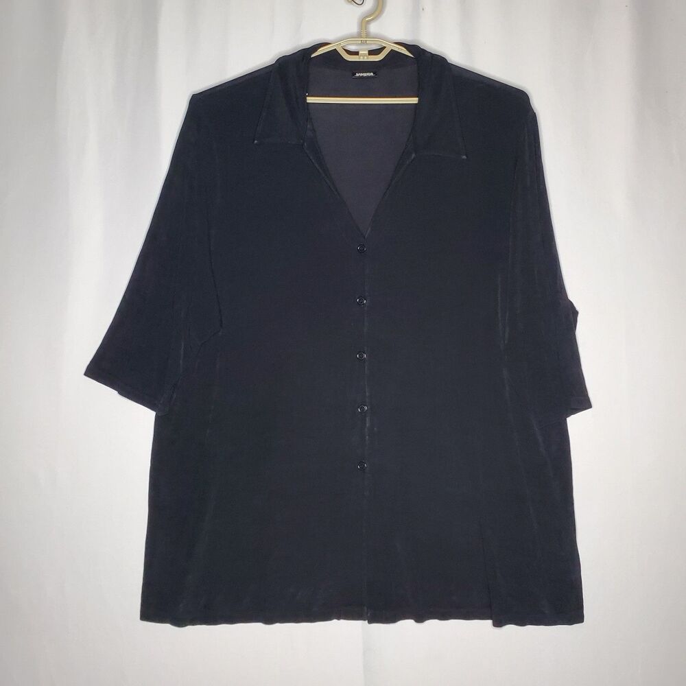 Baranda Button Shirt Womens 3X Black Slinky Stretch Travel Short Sleeve Collar
